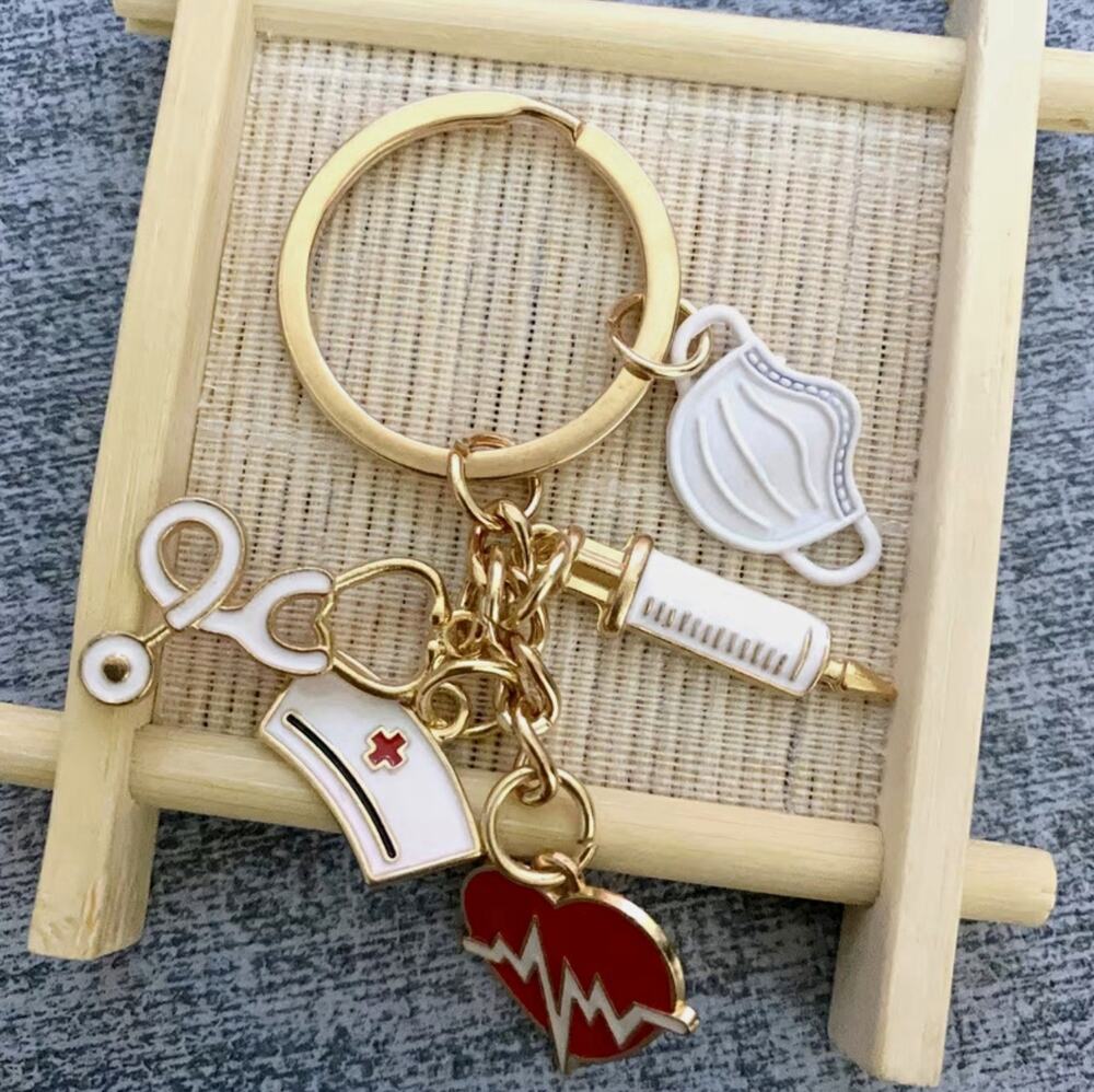 Medical Nurse Gold Tone Charm Keyring Heart EKG Stethoscope Syringe Mask